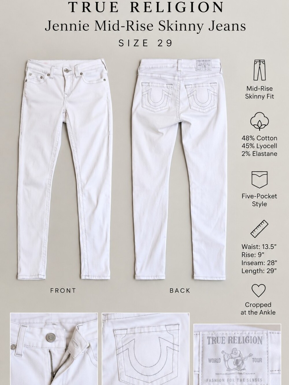 True Religion White Jennie Mid-Rise Skinny Jeans - Skinny Fit
